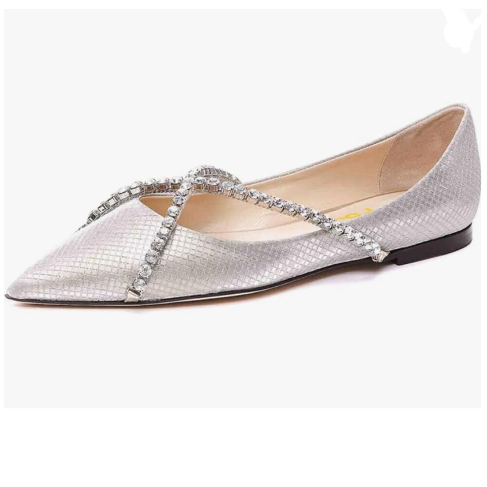 FSJ Silver Pointed Toe Ballet Flats Crystal Crossover Strap Slip On Walking Shoe